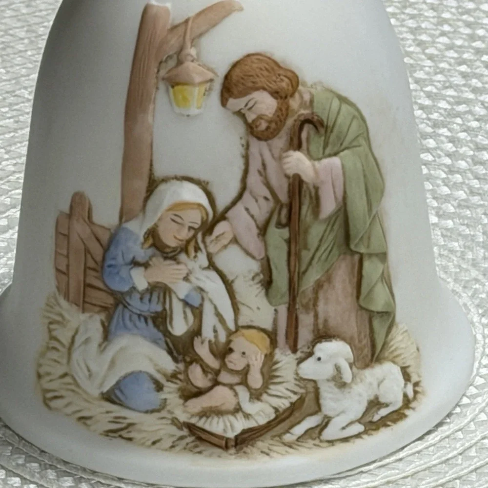 Vintage Homco Porcelain Bisque Bell, Christmas Nativity Scene, 5.75
